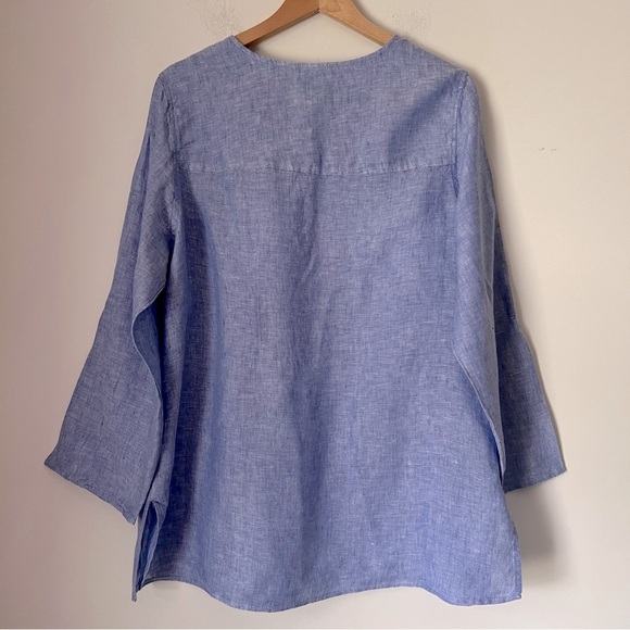 Tahari 100% Linen Blue Round Neck Button Up Shirt Contemporary Preppy Coastal 1X - Picture 11 of 14